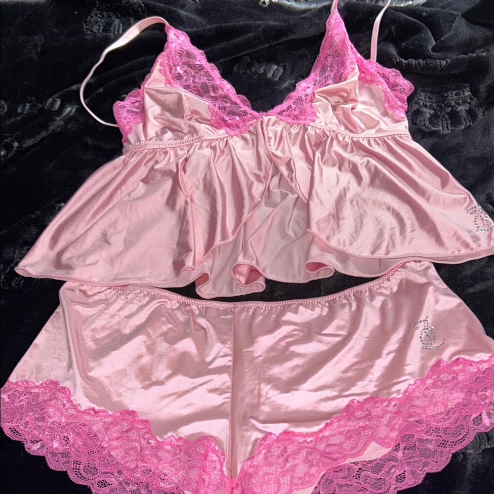 Juicy Couture Pink Satin Lace-Trim Camisole & Shorts Set